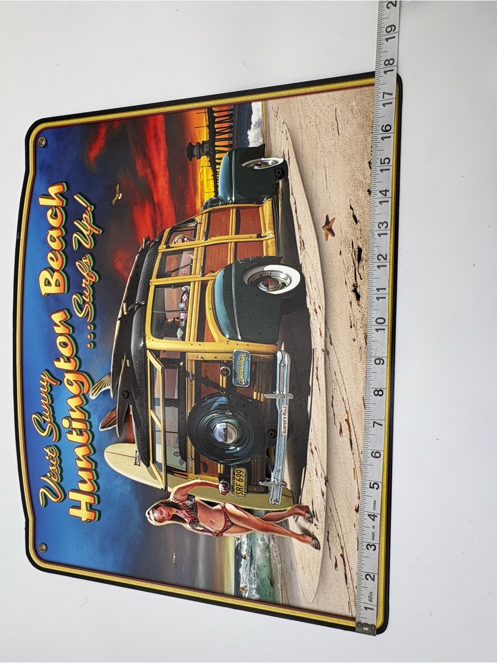 3-D Visit Sunny Huntington Beach Surfs Up Metal Sign - Woody Surfboard Art Print - Picture 9 of 11